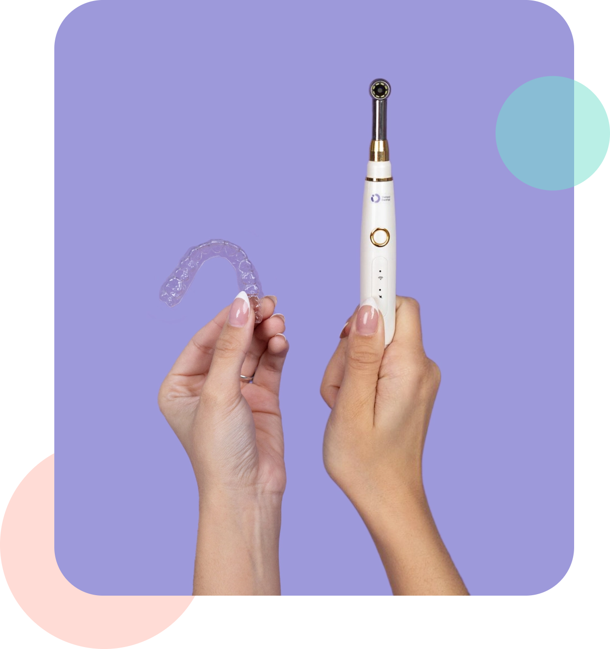 Two hands holding one of Virtuoso clear aligners and the Instant Dentist Smart Dental Scope